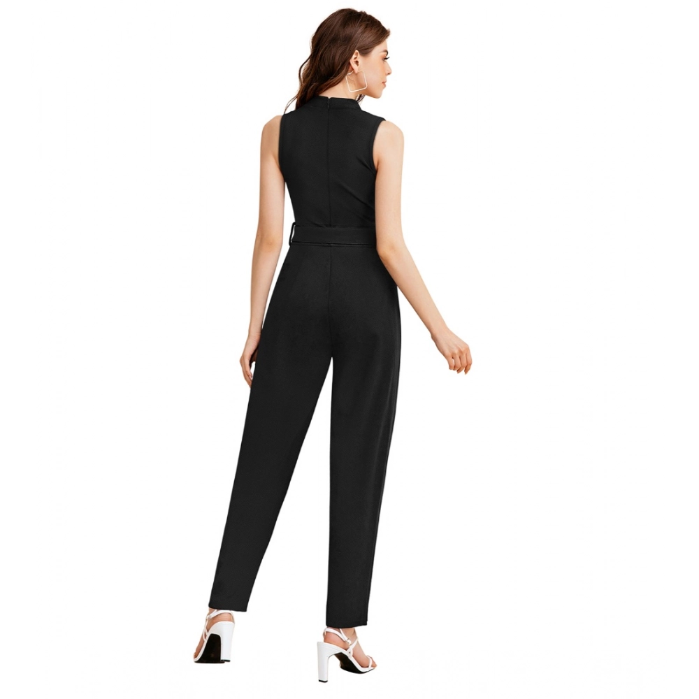 Women's Knitting stretchable Solid Round Neck Sleeveless Jumpsuit (Black) - Image 2
