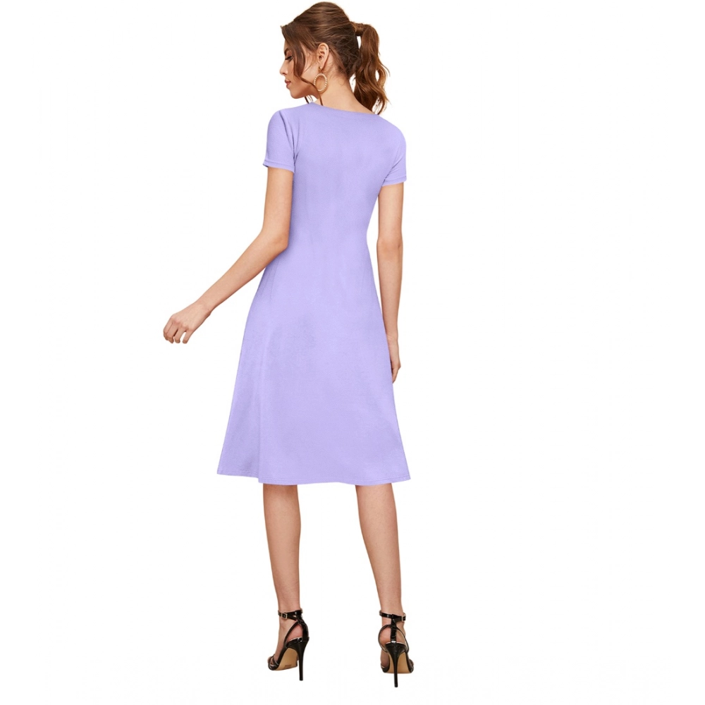Women's Knitting stretchable Solid Round Neck Cap Sleeve Dress (Purple) - Image 2