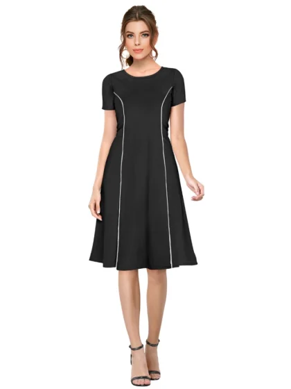 Women's Knitting stretchable Solid Round Neck Cap Sleeve Dress (Black)