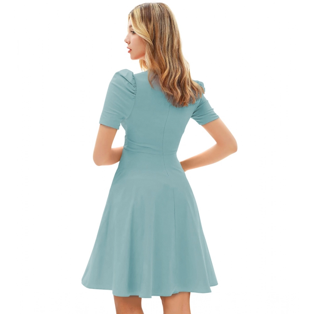 Women's Knitting stretchable Solid V Neck Cap Sleeve Dress (Pista) - Image 2