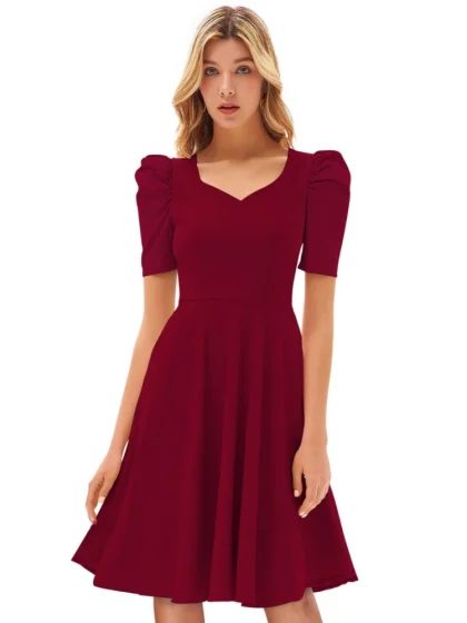 Women's Knitting stretchable Solid V Neck Cap Sleeve Dress (Maroon)