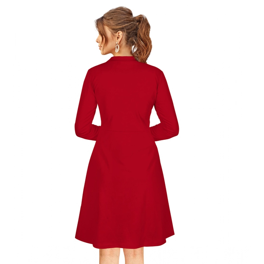 Women's Knitting stretchable Solid Round Neck Full Sleeve Dress (Red) - Image 2