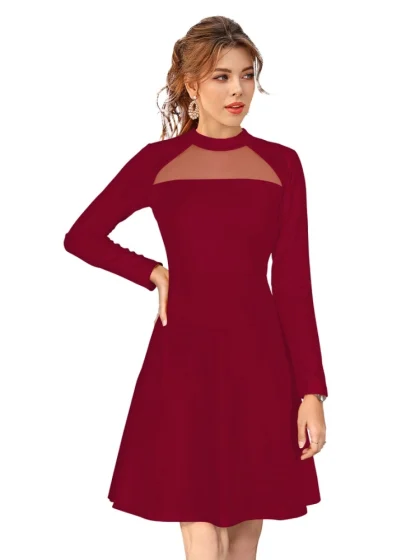 Women's Knitting stretchable Solid Round Neck Full Sleeve Dress (Maroon)