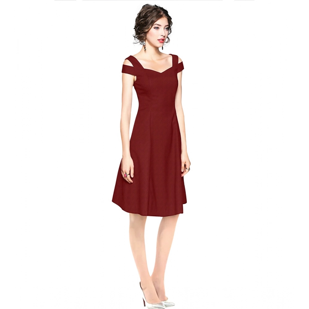 Women's Polyester Solid V Neck Cap Sleeve off Shoulder Dress (Maroon) - Image 3