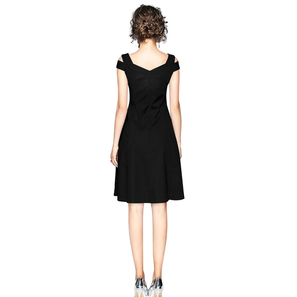 Women's Polyester Solid V Neck Cap Sleeve off Shoulder Dress (Black) - Image 2