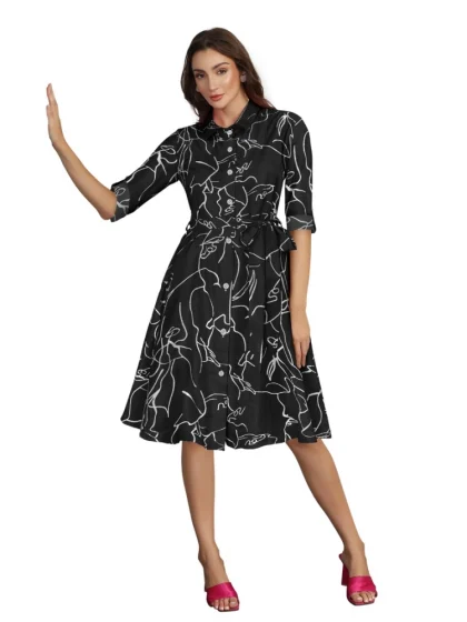 Women's Ruby Cotton Printed Shirt Collar 3-4th Sleeve Dress (Black)