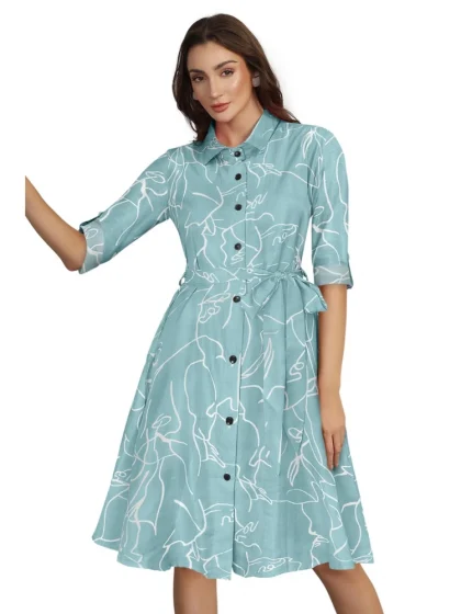 Women's Ruby Cotton Printed Shirt Collar 3-4th Sleeve Dress (Pista)