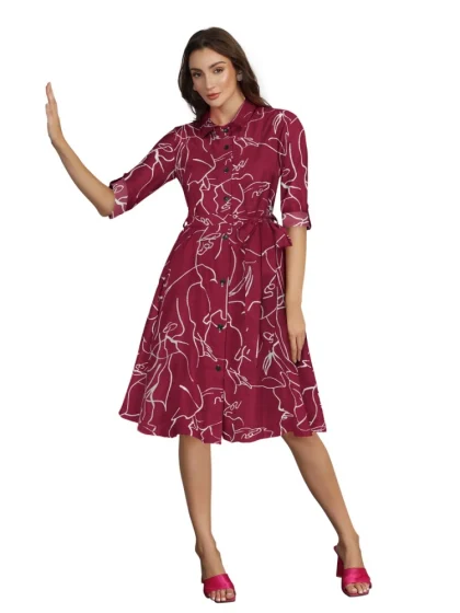 Women's Ruby Cotton Printed Shirt Collar 3-4th Sleeve Dress (Maroon)