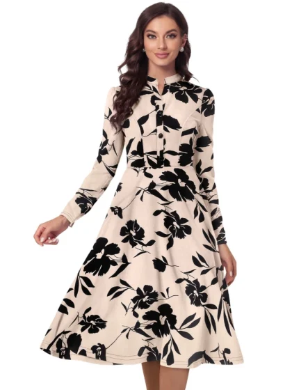 Women's Knitting Printed V-Neck Full Sleeve Dress (Cream)