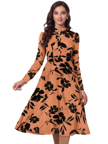 Women's Knitting Printed V-Neck Full Sleeve Dress (Orange)