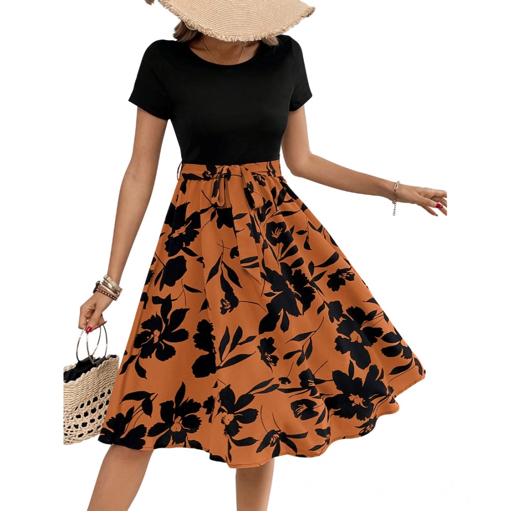 Women's Knitting Printed Round Neck Short Sleeve Dress (Orange) - Image 4