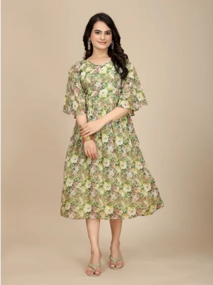 Women's Georgette Printed Round Neck Short Sleeve Dress (Green)
