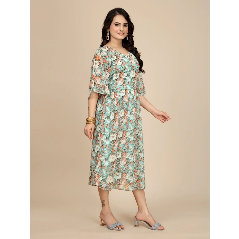 Women's Georgette Printed Round Neck Short Sleeve Dress (Multicolor) - Image 5