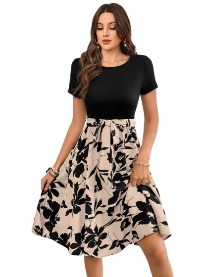 Women's Knitting Printed Round Neck Short Sleeve Dress (Cream)