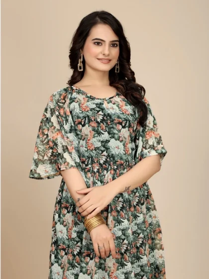 Women's Georgette Printed Round Neck Short Sleeve Dress (Black)