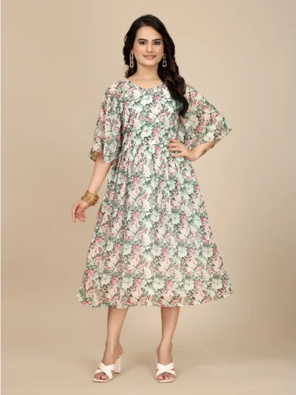 Women's Georgette Printed Round Neck Short Sleeve Dress (Pink)