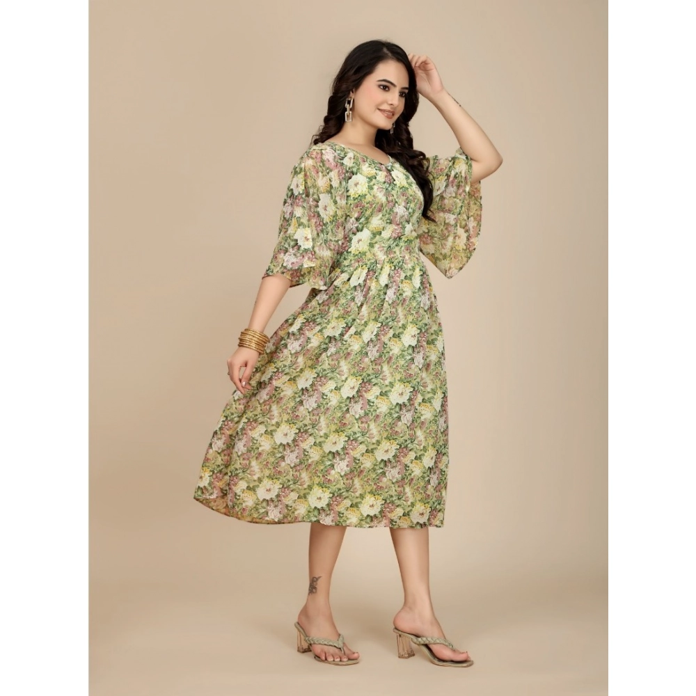 Women's Georgette Printed Round Neck Short Sleeve Dress (Green) - Image 4