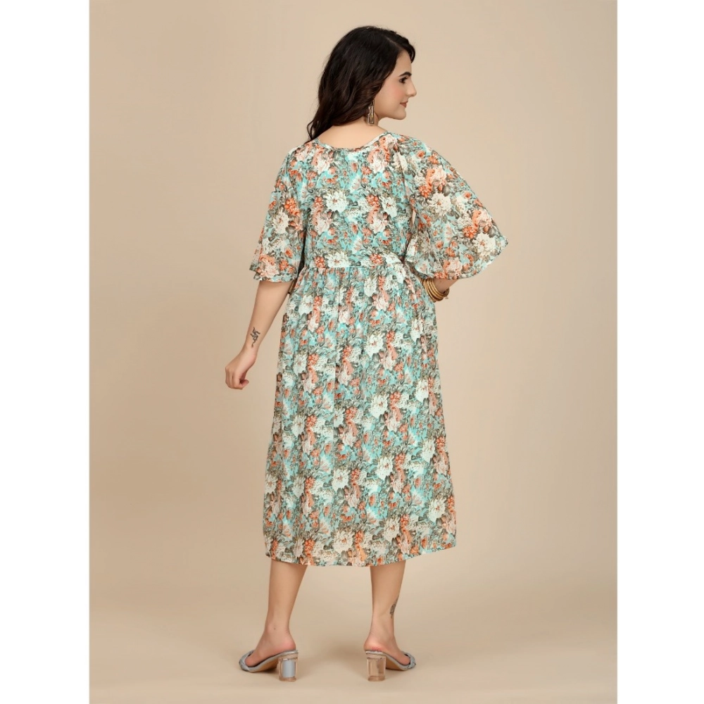 Women's Georgette Printed Round Neck Short Sleeve Dress (Multicolor) - Image 2