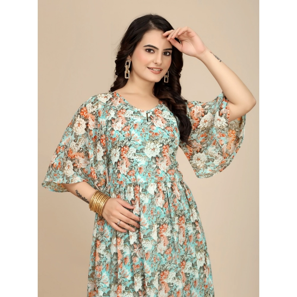 Women's Georgette Printed Round Neck Short Sleeve Dress (Multicolor) - Image 3