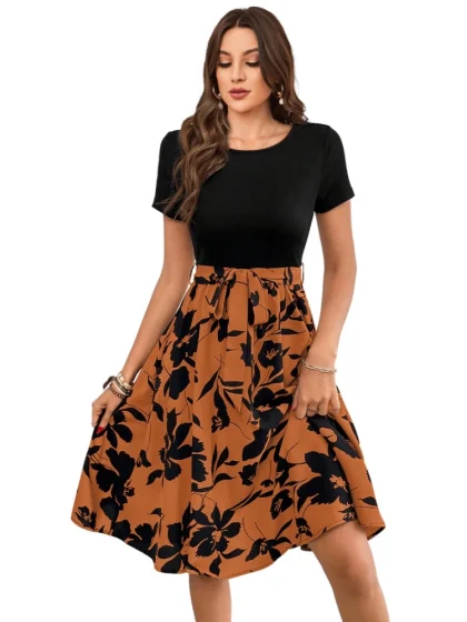 Women's Knitting Printed Round Neck Short Sleeve Dress (Orange)