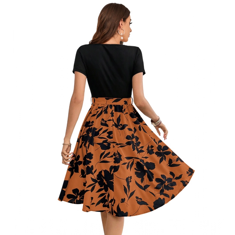 Women's Knitting Printed Round Neck Short Sleeve Dress (Orange) - Image 3