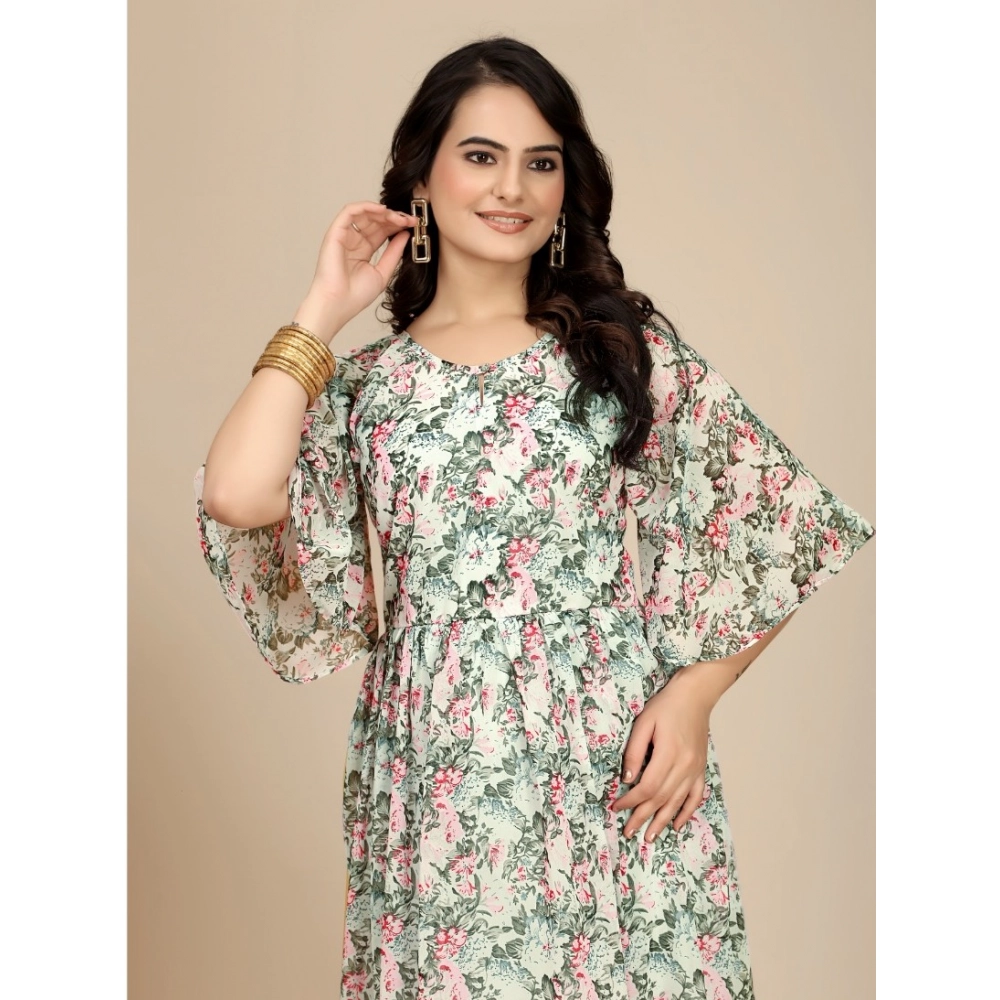 Women's Georgette Printed Round Neck Short Sleeve Dress (Pink) - Image 3