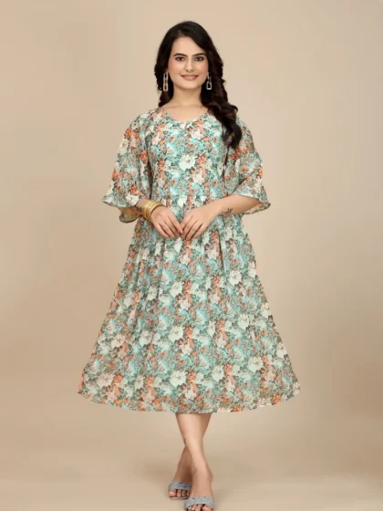 Women's Georgette Printed Round Neck Short Sleeve Dress (Multicolor)