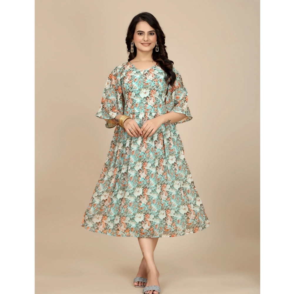 Women's Georgette Printed Round Neck Short Sleeve Dress (Multicolor)