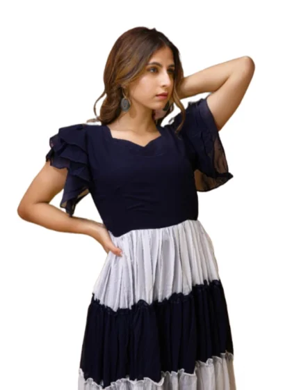 Women's Georgette Solid Half Sleeve Gown (Blue-White)