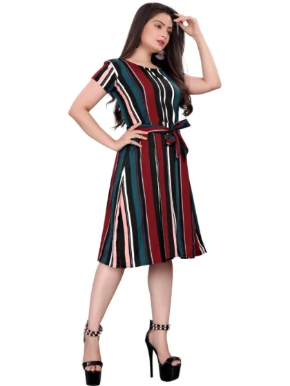 Women's Crep Striped Short Sleeve Dress (Red-Blue )