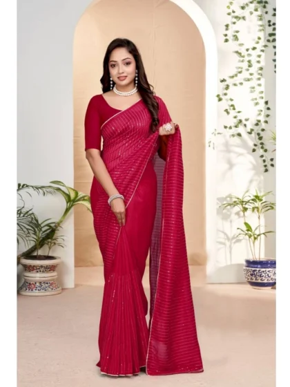 Women's Vichitra Silk Striped Saree With Unstitched Blouse 5.5Mtr (Pink)