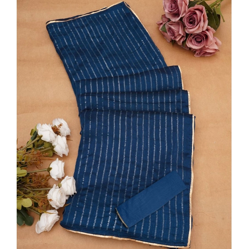 Women's Vichitra Silk Striped Saree With Unstitched Blouse 5.5Mtr (Blue) - Image 2