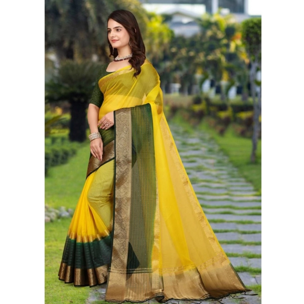 Women's Khadi Cotton Solid Saree With Unstitched Blouse 5.5Mtr (Yellow) - Image 2