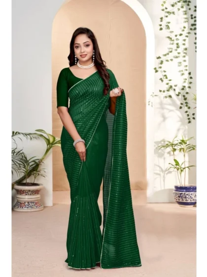Women's Vichitra Silk Striped Saree With Unstitched Blouse 5.5Mtr (Green)