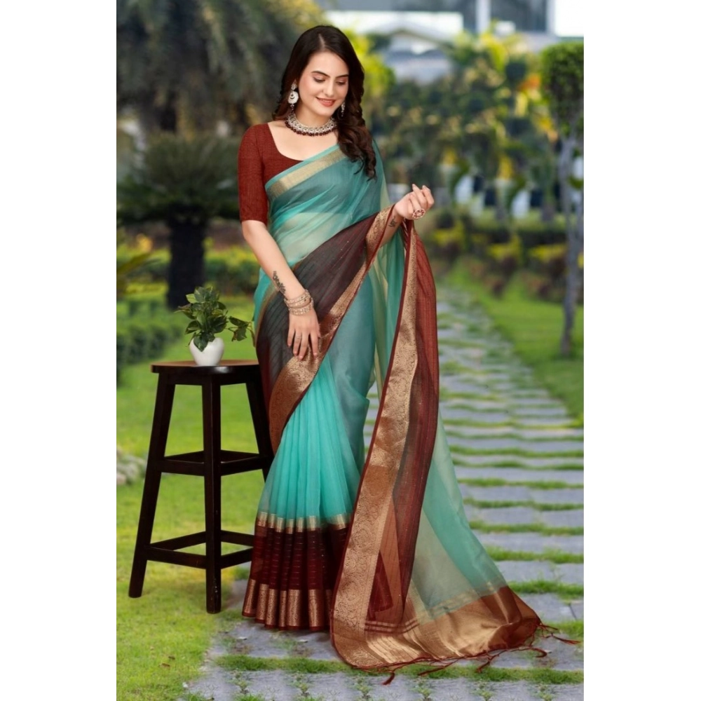 Women's Khadi Cotton Solid Saree With Unstitched Blouse 5.5Mtr (Sky Blue) - Image 2