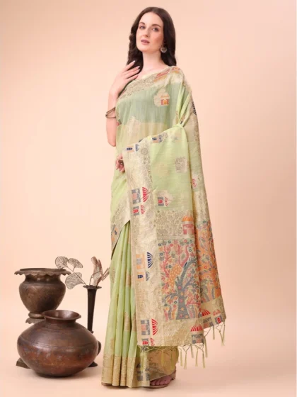 Women's Linen Cotton Printed Saree With Unstitched Blouse 5.5Mtr (Light Green)