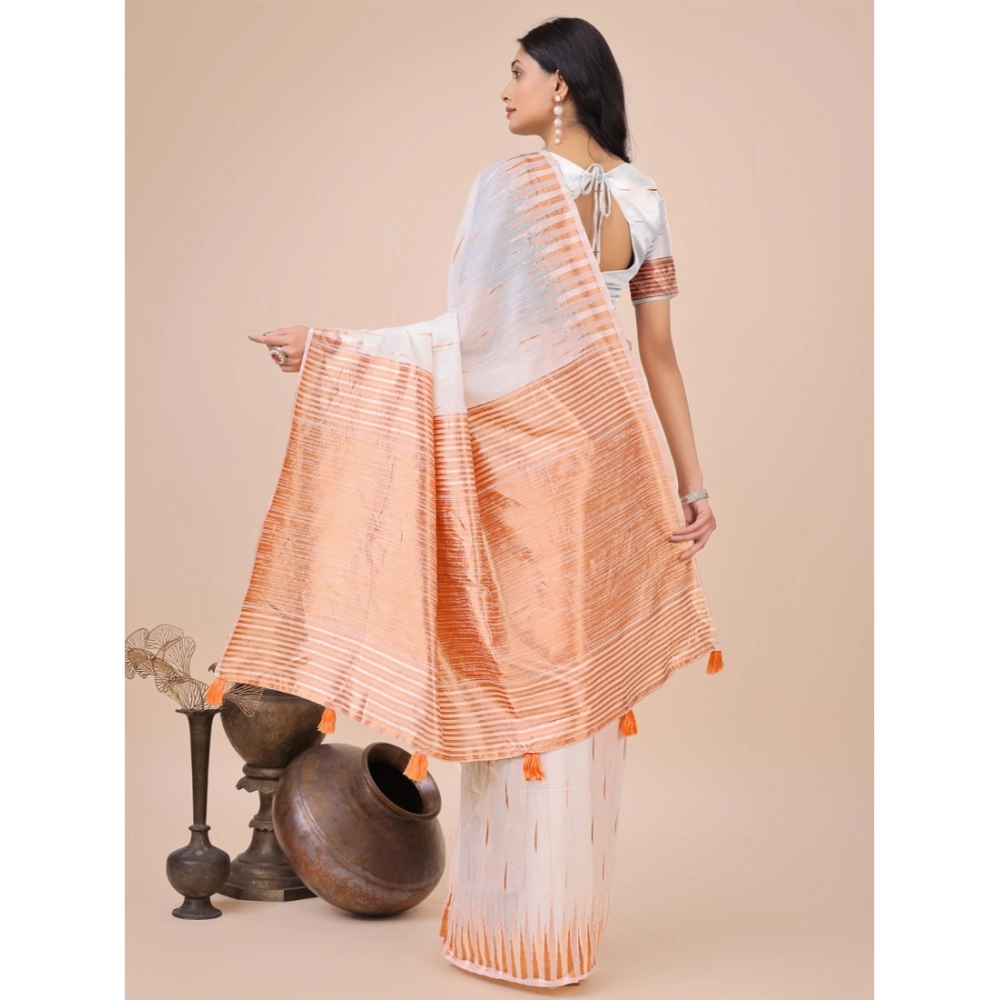 Women's Linen Cotton Printed Saree With Unstitched Blouse 5.5Mtr (White) - Image 2