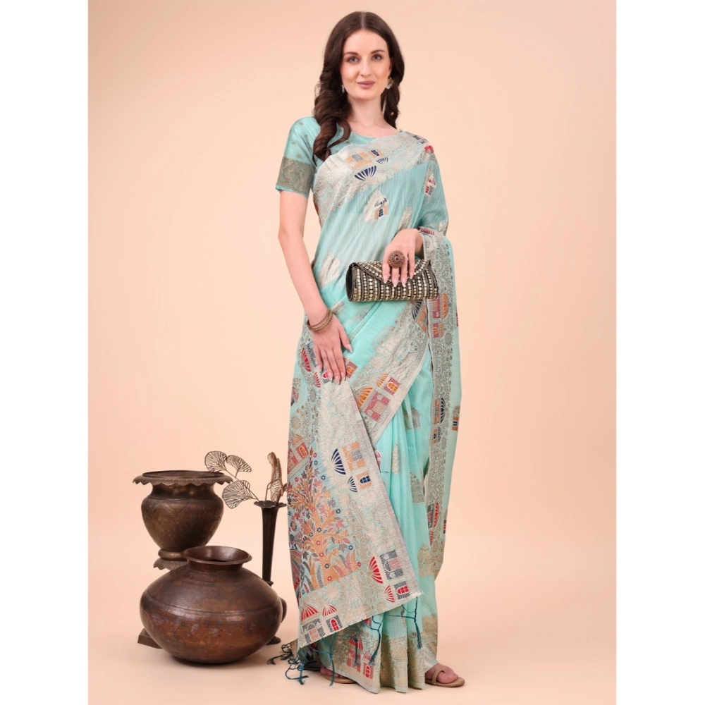 Women's Linen Cotton Printed Saree With Unstitched Blouse 5.5Mtr (Sky Blue) - Image 3