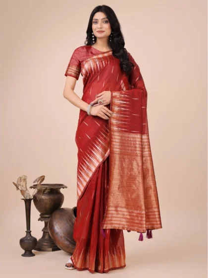 Women's Linen Cotton Printed Saree With Unstitched Blouse 5.5Mtr (Red)