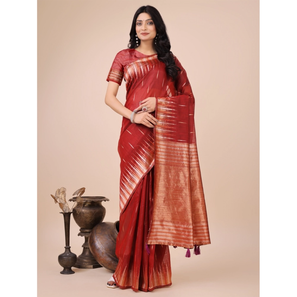 Women's Linen Cotton Printed Saree With Unstitched Blouse 5.5Mtr (Red)