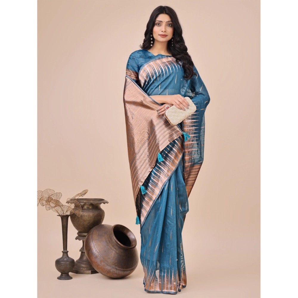 Women's Linen Cotton Printed Saree With Unstitched Blouse 5.5Mtr (Blue) - Image 3