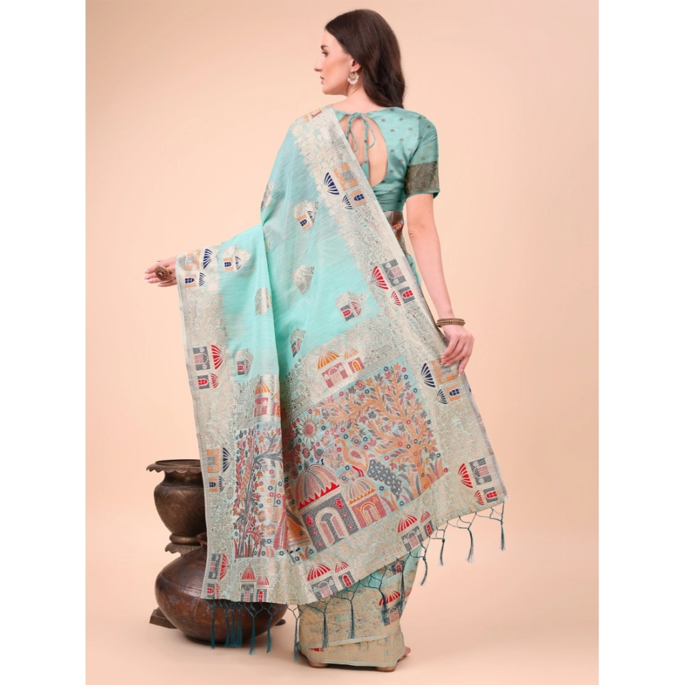 Women's Linen Cotton Printed Saree With Unstitched Blouse 5.5Mtr (Sky Blue) - Image 2