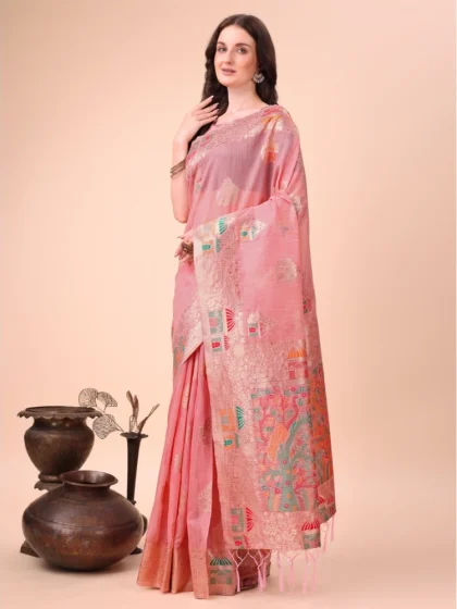 Women's Linen Cotton Printed Saree With Unstitched Blouse 5.5Mtr (Pink)