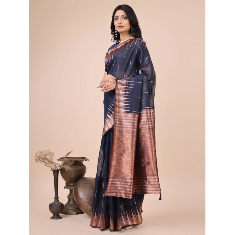 Women's Linen Cotton Printed Saree With Unstitched Blouse 5.5Mtr (Navy Blue) - Image 3
