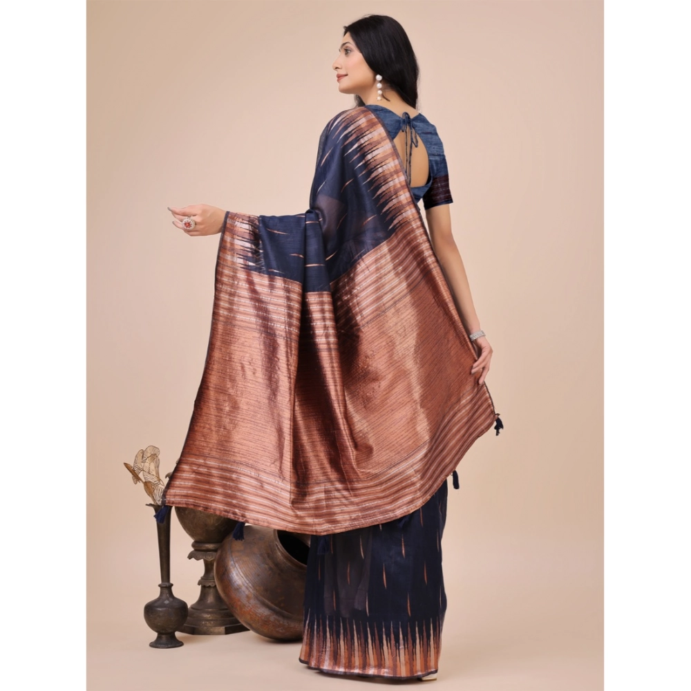 Women's Linen Cotton Printed Saree With Unstitched Blouse 5.5Mtr (Navy Blue) - Image 2