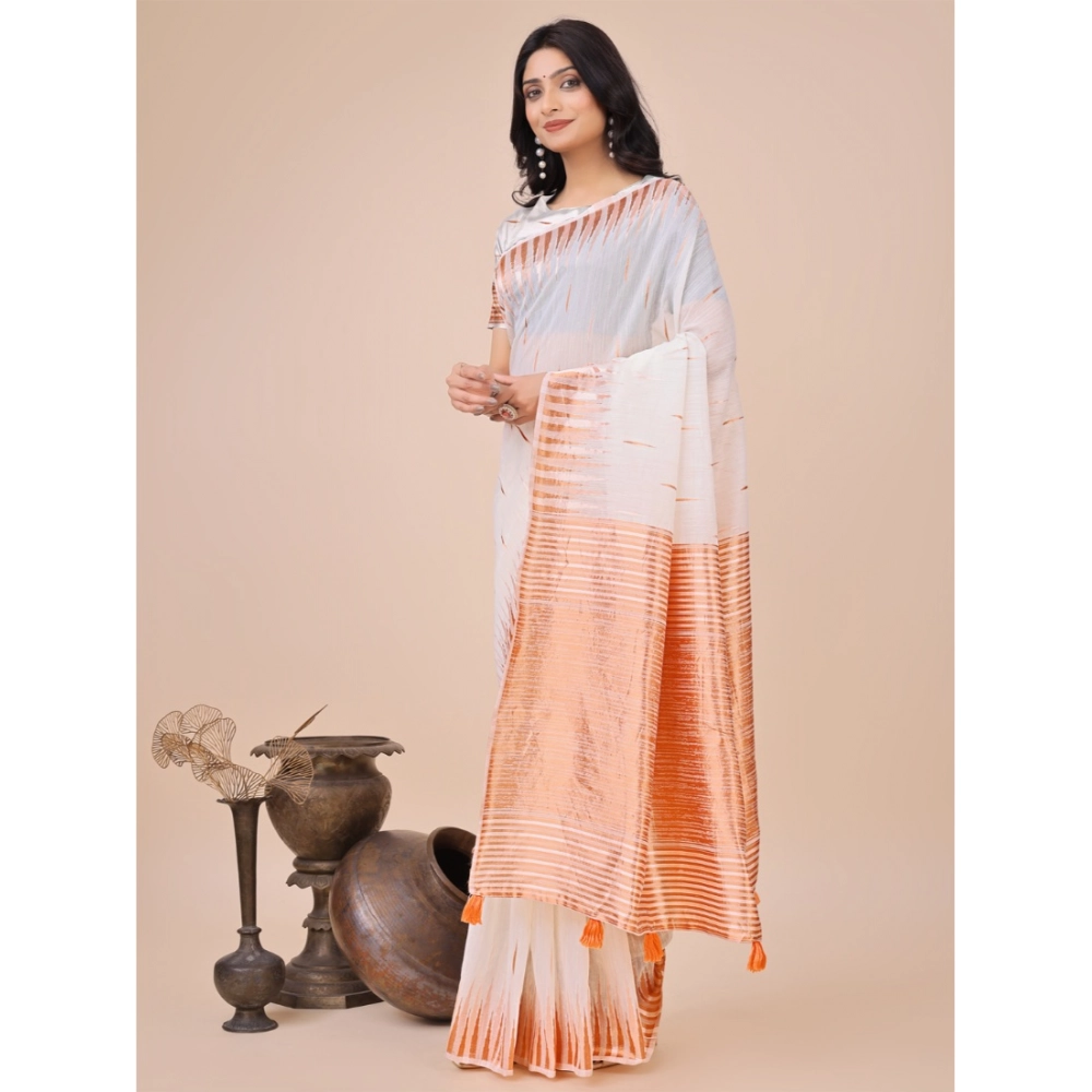 Women's Linen Cotton Printed Saree With Unstitched Blouse 5.5Mtr (White) - Image 3