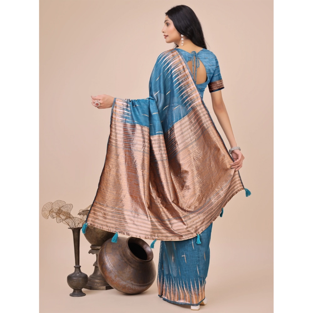 Women's Linen Cotton Printed Saree With Unstitched Blouse 5.5Mtr (Blue) - Image 2
