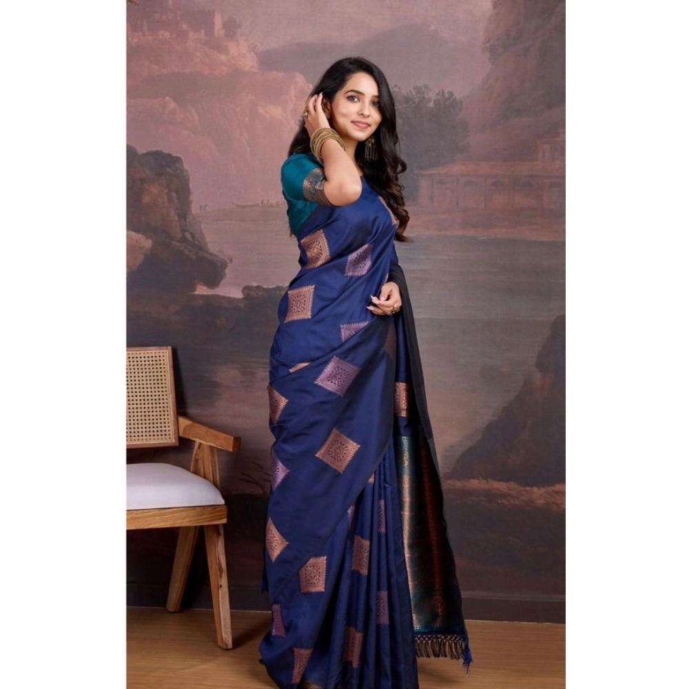 Women's Silk Printed Saree With Unstitched Blouse 5.5Mtr (Navy Blue) - Image 3