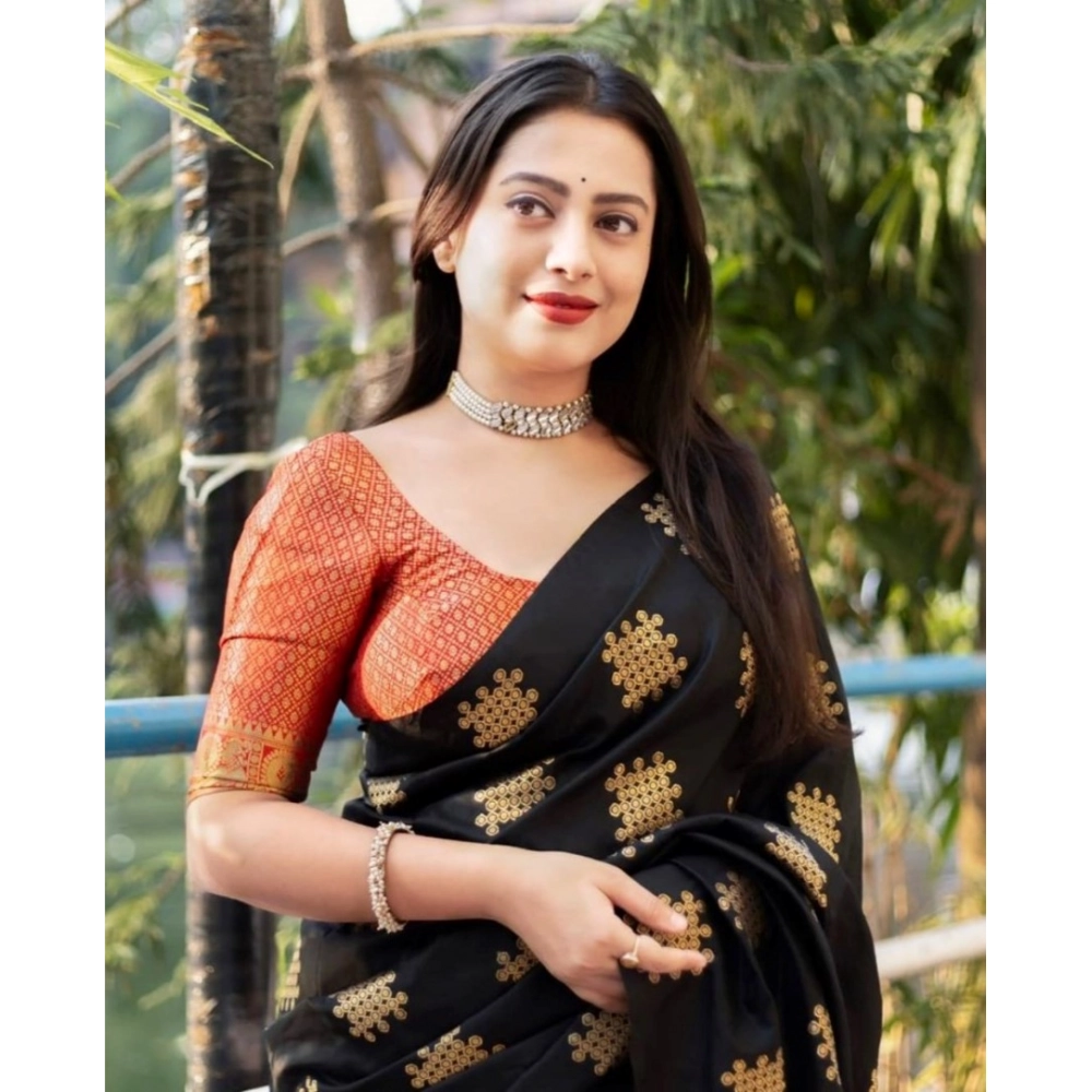 Women's Silk Printed Saree With Unstitched Blouse 5.5Mtr (Blacl-Orange) - Image 2