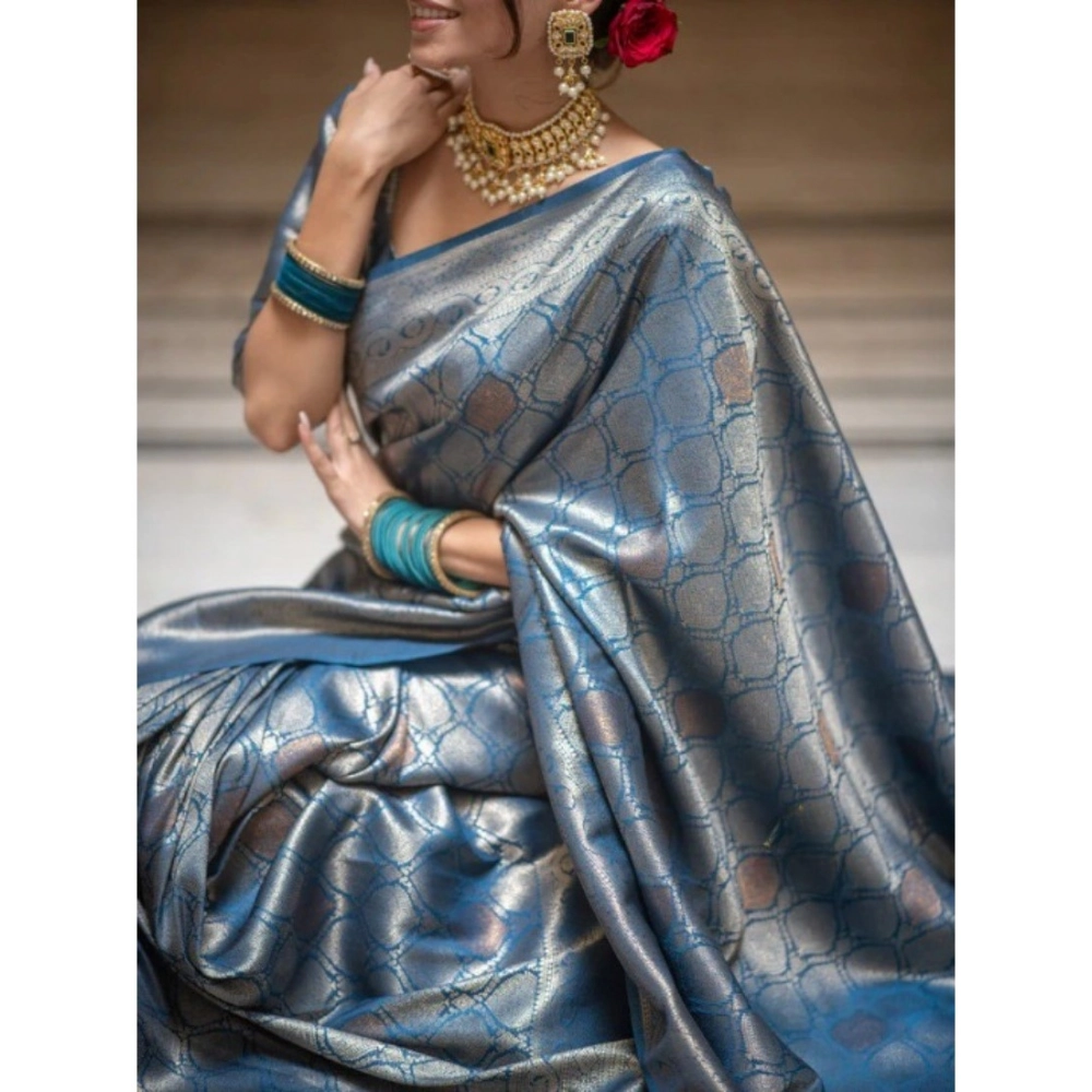 Women's Silk Printed Saree With Unstitched Blouse 5.5Mtr (Rama) - Image 2